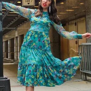 Caroline Vazzana Blue Floral Midi Dress in XS
